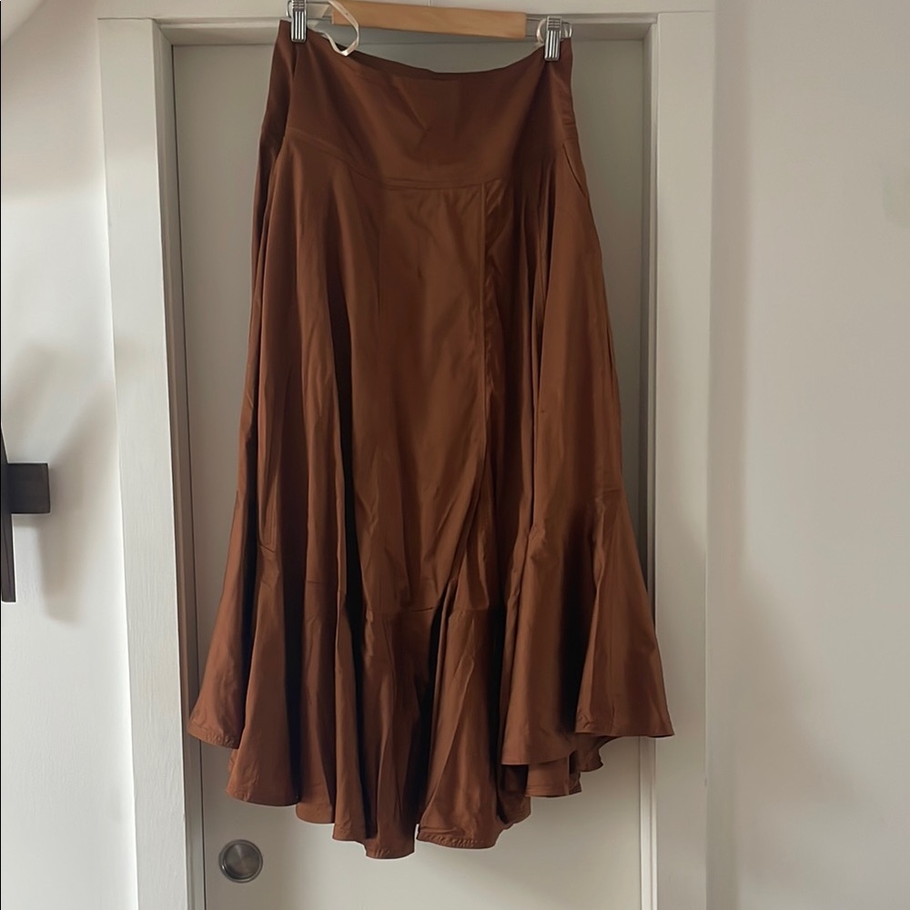 FARM Rio Brown Tiered Midi Skirt Asymmetrical A-line
